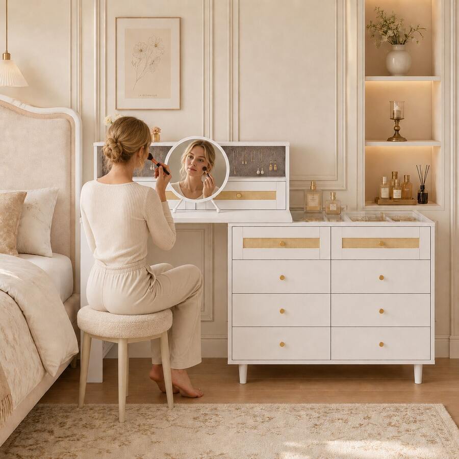 Dressing Table With Jewelry Box And Mirror, 10 Drawers, Tempered Glass Top And Rattan Decoration, Large Vanity With Ample Storage Space, 105 * 50 * 108 Cm, White, For Bedroom And Dressing Room - White - View 1