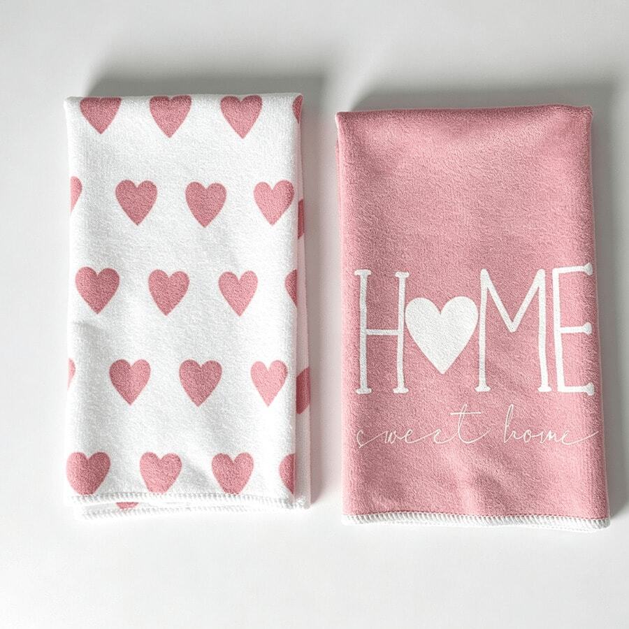 2pcs Black Heart Print Kitchen Dish Cloths, Sweet Heart Decor Dish Towels, Soft Reusable Tea Towels, Valentine's Day Home Kitchen Decor