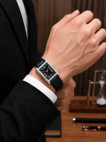 2PCS Men's Vintage Square Quartz Watches, Roman Numeral Black & White Dial, Silver Square Case, Black & Brown Crocodile Pattern PU Leather Strap, Business Formal Casual Pointer Watch, Without Display Box - Black - View 9