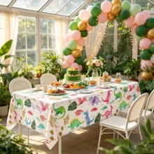 1PC-137*274cm Watercolor Dinosaur Disposable PE Plastic Tablecloth Rectangular Table Cloth Dinosaur Theme Birthday Party Jungle First Birthday Decoration Table Cover - White Background Dinosaur - View 5