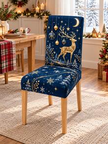 Christmas Dining Chair Set Navy Blue & Gold Deer Moon Snowflake Print Chair Covers Restaurant Kitchen Christmas Party Home Decor Christmas Home Decor - Multicolor - View 10