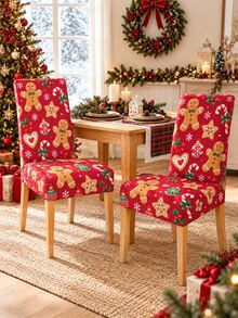 Christmas Dining Chair Set Red Gingerbread Man Candy Cane Cookie Snowflake Print Chair Covers Restaurant Kitchen Christmas Party Home Decor - Red - View 13