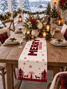 1pc Christmas Table Runner, Red & Black Plaid, Snowflake, Reindeer, Merry Christmas Tree Print, American Country Christmas Table Decor, Suitable For Holiday Dinner Party, Kitchen Dining Table - Multicolor - View 5
