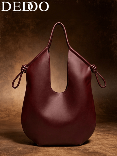 Dedoo Burgundy PU Drawstring Tote Bag, Korean-French Minimalist Vintage Pleated Large Capacity Commuter Bag For Women, Students, Office Workers, Daily Shopping, School And Travel
