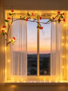 1pc LED Tree Light, Red Flower + Green Leaf Tree Light, USB Powered Peach Blossom LED String Light, Artificial Flower Garland, Warm Light Night Light, Plug And Play, Suitable For Indoor Home Decor, Christmas, Bedroom, Kitchen, Party Decoration (Battery Not Included) - M6-red Flower + Green Leaf - View 6