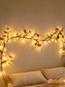 1pc LED Tree Light, Red Flower + Green Leaf Tree Light, USB Powered Peach Blossom LED String Light, Artificial Flower Garland, Warm Light Night Light, Plug And Play, Suitable For Indoor Home Decor, Christmas, Bedroom, Kitchen, Party Decoration (Battery Not Included) - M6-red Flower + Green Leaf - View 4