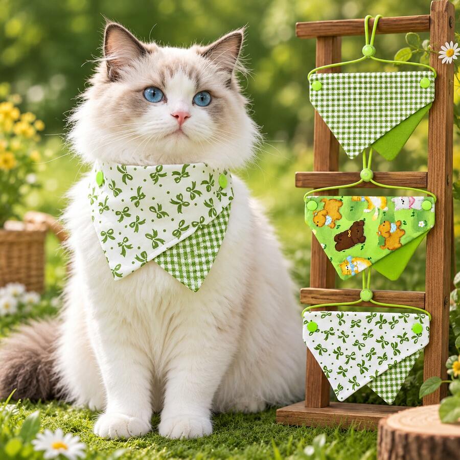 1pc Pet Cat Dog Double Layer Triangle Bandana Collar, Adjustable Green White Plaid Pet Scarf, Fresh Pastoral Style Double-Sided Design, Suitable For Cats, Teddy, Small Dogs, Photo Decoration Accessory - Multicolor - View 1