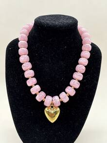 1pc Vintage Bohemian Style Exaggerated Handmade Acrylic Beaded Ocean Creature Flower Shell Fish Sun Pendant Necklace Set, Suitable For Women's Daily Wear, Beach Vacation, Date, Birthday Gift - Pink - View 2