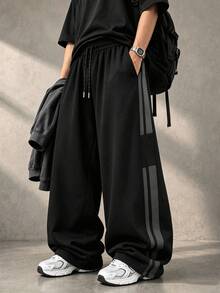 Men's Black Wide Leg Sweatpants With Side Colorblock Vertical Stripes, Drawstring Waist, Loose Drape Casual Pants, Autumn/Winter - Dark Grey - View 2