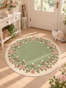 1pc Vintage Floral Round Rug, Romantic Rose Wreath Print Velvet Short Pile Area Carpet, Soft Round Floor Mat, Suitable For Bedroom Living Room Entryway, Elegant Country Style Home Decor, Cozy Aesthetic Room Arrangement - Multicolor - View 1