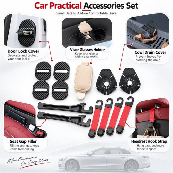 1 Set Car Storage Organizer Accessories Set, Seat Gap Filler To Prevent Items From Falling, Headrest Bag Hanging Straps, Carbon Fiber Texture Door Lock Covers, Cowl Drain Guard Plates, Sun Visor Fashion Glasses Clip, Universal Auto Interior Decor Kit