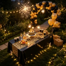 1pc Black & Gold Leopard Print Patchwork Disposable PE Tablecloth 130*220cm Rectangular Table Cloth Wild Style Birthday Party Dining Table Decor - Leopard Print - View 5