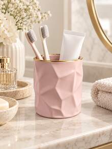 1pc Geometric Toothbrush Holder, Navy Blue Or Blush Pink With Gold Rim, Bathroom Countertop Organizer For Toothbrushes And Toothpaste, Modern Minimalist Bathroom Accessories, Decorative Vanity Storage Cup - Multicolor - View 6