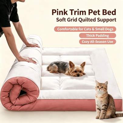 1pc White Pink Trim Quilted Pet Bed, Minimalist Polyester Rectangular Mat, Thick Stitched Padded Soft Cushion, Soft Support Sleeping Pad, Suitable For Indoor Bedroom Floor, All-Season Dog Cat Pet Supplies