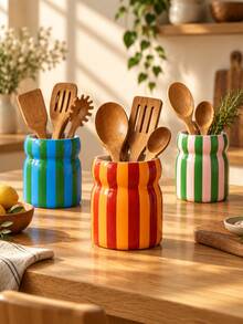 1pc Colorful Striped Utensil Holder, Large Glossy Kitchen Countertop Utensil Crock, Decorative Cooking Tool Storage Jar, Multi‑Color Choice, Perfect Housewarming Kitchen Gift - Waist-cinching Striped Storage - View 5