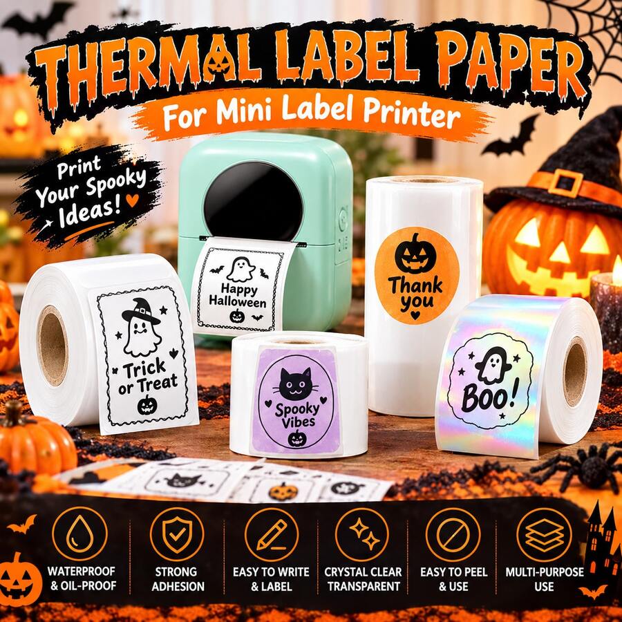 Thermal Self-Adhesive Label Paper For Halloween Packaging Seals, Smudge-Proof Stickers For Phomemo M110 M220 M200, E210 P50 PT-260 Printers, Treat Bags, Barcodes, Logos, Small Business & Home Tagging, Refill Tape Only