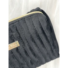 Shiseido Portable Plush Black Striped Travel Cosmetic Bag With Metal Brand Tag, Toiletry Storage Makeup Pouch, Ideal For Daily Use & Gifting - Black - View 8