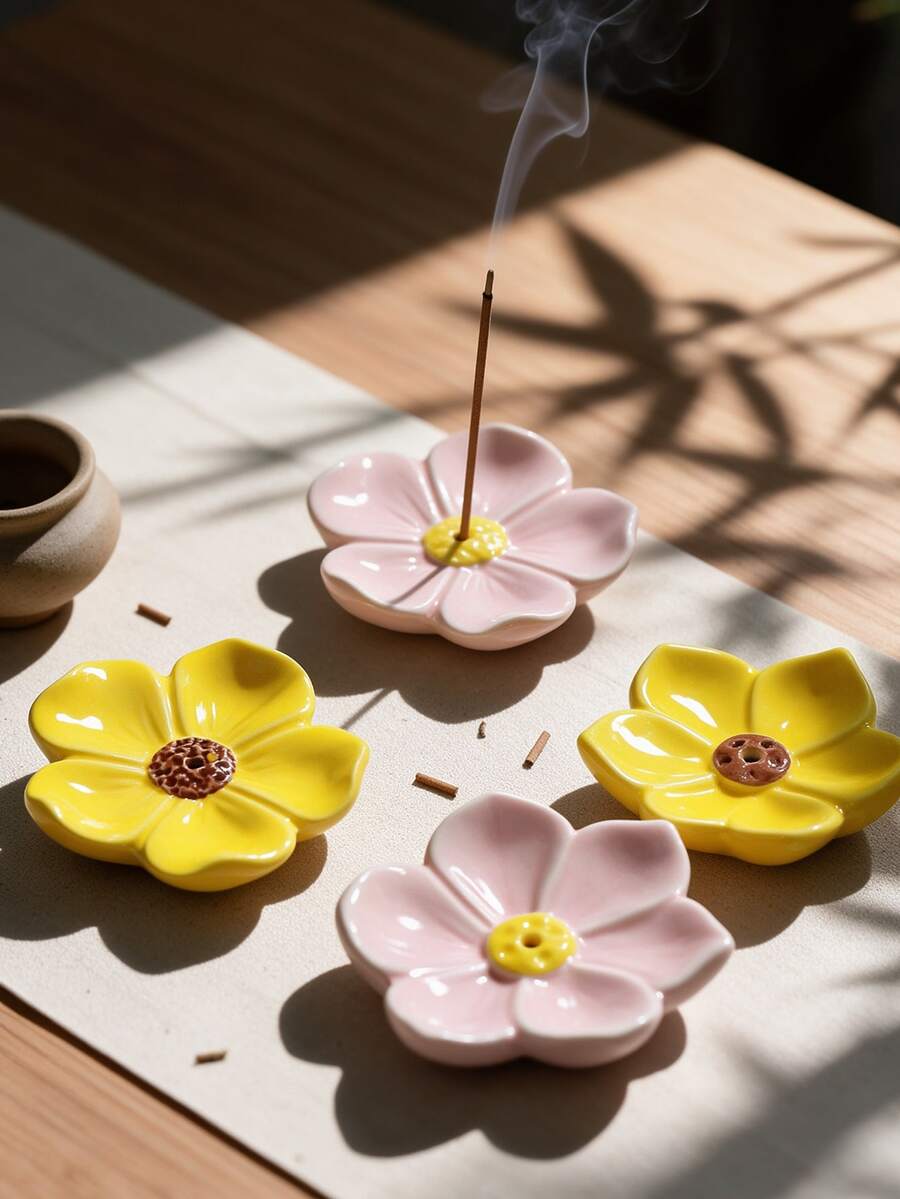 1pc Ceramic Incense Burner, Floral Pattern, Sandalwood Base, Lotus Shape, Suitable For Thanksgiving, Valentine's Day, Wedding, Halloween, Party, Hotel, Mother's Day, Suitable For Dining Table, Living Room, Bedroom, Study Room And Other Decorations - A - View 1