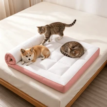 1pc White Pink Trim Quilted Pet Bed, Minimalist Polyester Rectangular Mat, Thick Stitched Padded Soft Cushion, Soft Support Sleeping Pad, Suitable For Indoor Bedroom Floor, All-Season Dog Cat Pet Supplies - Pink - View 6