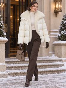 Women's Winter Quilted Long Sleeve Regular Fit Outerwear, Regular Length Fashion Casual Jacket - Beige - View 6