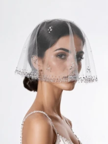 1pc Women's New Sexy White & Black Mesh Rhinestone Bridal Veil Ball Evening Party Decorative Accessory - Multicolor - View 12