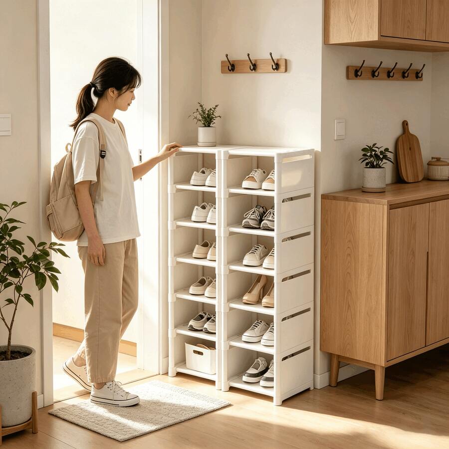 8-Tier Vertical Narrow Shoe Rack Organizer, Plastic Material, Freestanding Shoe Cabinet, With Baffles, Suitable For Entryway, Closet, Bedroom - White - View 1