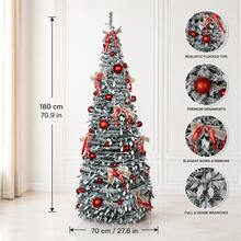 6FT/7FT Foldable Pop-Up Christmas Tree, Flocked Green Xmas Tree With Red Ornaments & Ribbon Bows, Quick Assembly Collapsible Holiday Tree With Stand For Living Room, Office, Store, Christmas Party & Winter Decor - Multicolor - View 10