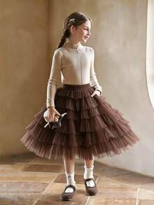 Young Girl Versatile Solid Color Tulle Puff Skirt - Coffee Brown - View 3