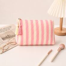 Striped Diamond Quilted Makeup Bag For Women, Portable Travel Storage Bag With Tassel Zipper Design, Large Capacity Skincare Organizer Bag, Exquisite Cosmetic Storage Bag For Daily Carry - Multicolor - View 7