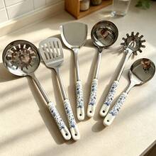 1/6pcs Blue Floral Print Ceramic Handle Stainless Steel Kitchen Utensil Set - Includes Spatula, Soup Ladle, Strainer, Rice Scoop, Noodle Spoon And Turner - Easy To Clean, Easy To Store, Kitchen Tools And Gadgets Set - Multicolor - View 3
