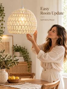 Kap Lampu Gantung Rotan Anyam Gaya Bohemian, Kap Lampu Gantung Tenun Tangan dengan Efek Cahaya Hangat, Dekorasi Rustic untuk Kamar Tidur, Ruang Tamu, Ruang Makan, Kafe dan Rumah, Aksesori Pencahayaan Farmhouse Bohemian - A - View 1