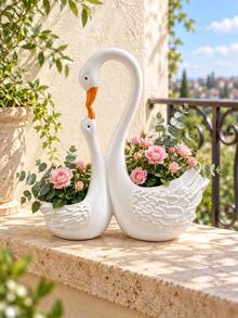 1pc Double Swan Planter, Elegant White Bird-Shaped Flower Pot With Two Planting Compartments, Succulent And Small Plant Container For Outdoor Garden, Patio, Porch, Balcony, Lawn And Yard Decor - New Product - View 1
