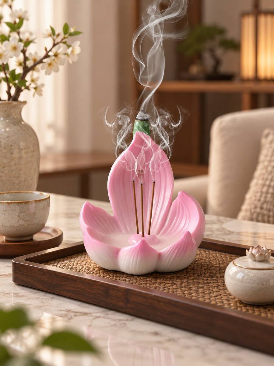 1pc Pink Resin Lotus Incense Burner, Flower Incense Holder For Home Decor, Meditation And Yoga - Multicolor - View 1