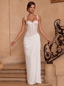 Elegant Strapless Lace Bodycon Long Party Evening Dress - White - View 3
