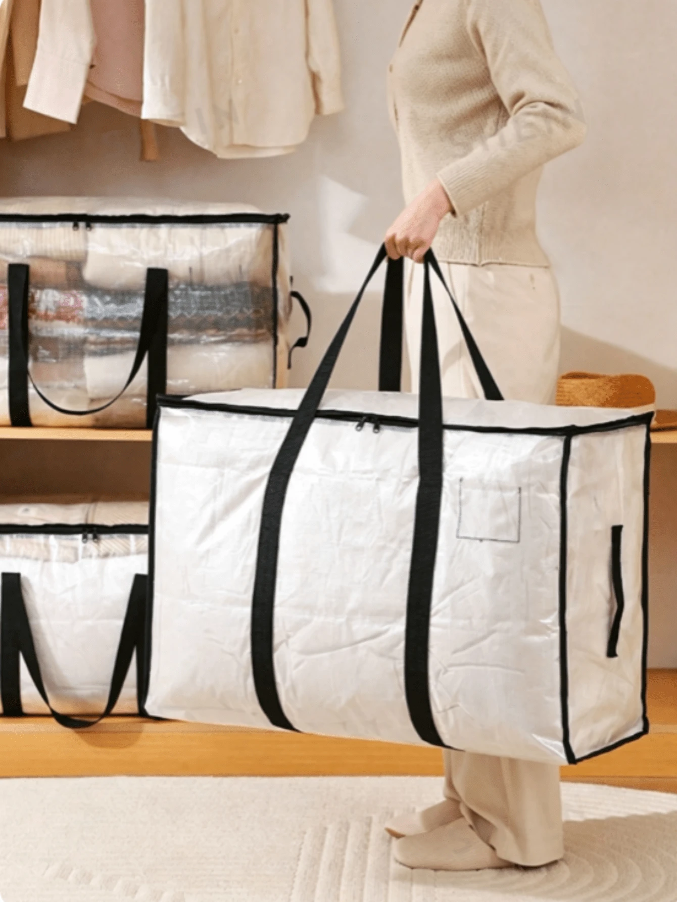 1pc Large Capacity Storage Bag, Transparent Zipper Storage Bag, Portable Waterproof & Moisture-Proof Fabric Storage Box, Bedding Storage Bag - Foldable Organic Storage Bag For Clothes, Bedding, Quilts, Toys, Pillows - Black - View 1