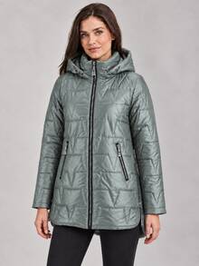 Women's Hooded Triangle Quilted Cotton Jacket With Drawstring Zip Front Stand Collar Padded Coat - Army Green - View 2