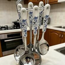 1/6pcs Blue Floral Print Ceramic Handle Stainless Steel Kitchen Utensil Set - Includes Spatula, Soup Ladle, Strainer, Rice Scoop, Noodle Spoon And Turner - Easy To Clean, Easy To Store, Kitchen Tools And Gadgets Set - Multicolor - View 8