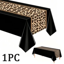 1pc Black & Gold Leopard Print Patchwork Disposable PE Tablecloth 130*220cm Rectangular Table Cloth Wild Style Birthday Party Dining Table Decor - Leopard Print - View 7