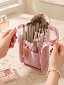Aesthetic Cute Flower Makeup Brush Holder Bag, Transparent Window Vertical Cosmetic Storage Pouch, Portable Handheld Travel Beauty Tool Organizer For Women - Multicolor - View 8