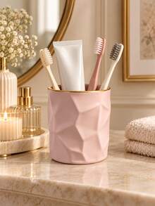 1pc Geometric Toothbrush Holder, Navy Blue Or Blush Pink With Gold Rim, Bathroom Countertop Organizer For Toothbrushes And Toothpaste, Modern Minimalist Bathroom Accessories, Decorative Vanity Storage Cup - Multicolor - View 9