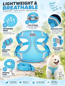 1 Set Harness & Tali Anjing Mesh Bernapas, Rompi Harness Hewan Peliharaan Lembut dengan Strip Reflektif yang Dapat Disesuaikan, Harness Jalan Ringan Anti-Lepas, Cocok untuk Anjing Sedang & Kecil untuk Perjalanan Harian Luar Ruangan Perlengkapan Hewan Peliharaan - Biru - View 5