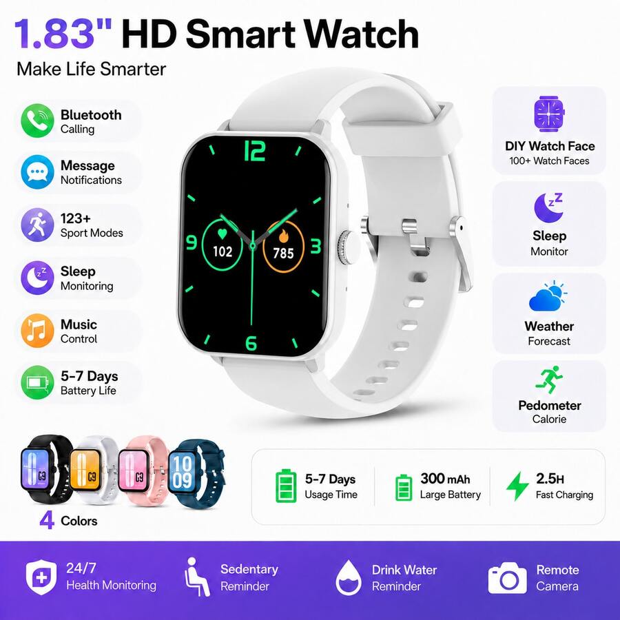 PEJE Unisex Smart Watch | 1.83-Inch Display, Multiple Colors Available, Equipped With Tracking, Alarm, Stopwatch, Remote Camera, Music Playback, Smart Notification Functions. Compatible With IOS And Android Devices. Ideal Gift For Loved Ones.