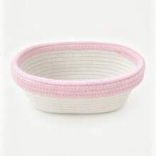 Cotton Rope Storage Basket, Oval Decorative Organizer Bin For Desktop, Vanity, Bathroom, Kitchen Home Decor - Pink and White - View 5