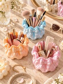 1pc Ruffle Bow Makeup Brush Holder, Cute Macaron Color Cosmetic Organizer Cup, Suitable For Vanity Tabletop, Can Store Makeup Brushes, Lipsticks, Eyeliner Pencils And Beauty Tools, Bedroom Bathroom Countertop Storage, Vanity Room Decor, Gift For Women And Girls - Multicolor - View 2