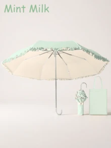 Lace Trim Folding Umbrella, Curved Handle Design, Dual-Use Sun And Rain Protection, Silver Coating Sun Umbrella, Colorful Inner Coating, UV Protection, Portable Pocket Umbrella - Multiple Styles - View 19