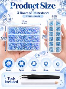 3 Boxes Blue Gradient Flat Crystal Rhinestone Set, Multiple Sizes (2mm-6mm), Suitable For Nail Art Design, Phone Case DIY Decoration, Bling Bling Cup And Sewing Craft Creative Projects - Blue Tones - View 6