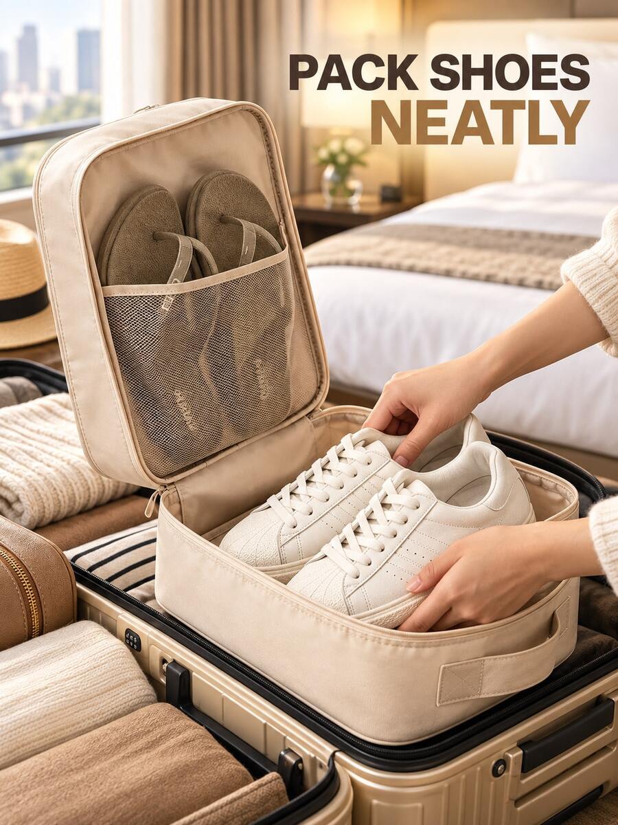 1pc Large Capacity Travel Shoe Bag - Holds 3 Pairs Of Shoes, Durable And Breathable Storage, Comfortable Black Handle, Sturdy Hanging Storage Box, Multiple Compartments, Designed To Save Luggage Space, Used For Socks And Other Items