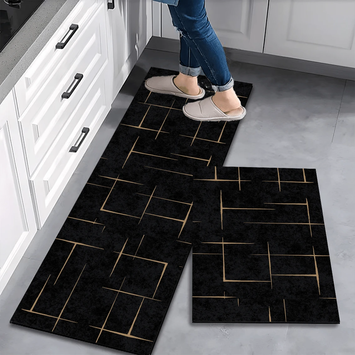 1pc Black Geometric Pattern Kitchen Floor Mat Silicone Carpet, Absorbent Non-Slip Quick Dry Bathroom Rug, All Season Door Mat Room Decor, Indoor Multi-Functional Foot Pad - Multicolor - View 1
