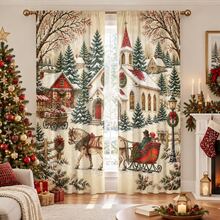 2pcs Vintage Winter Snow Scene Cabin Print Decorative Curtains, Rod Pocket Design, Easy Installation & Removable, Polyester Material, Suitable For Cozy Rustic Farmhouse Bedroom, Living Room, Retro Christmas Home Decor - Multicolor - View 7