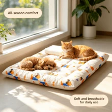 1pc Cream Cartoon Puppy Print Pet Sleeping Mat, Playful Polyester Rectangular Quilted Thin Breathable Low-Profile Resting Pad, Suitable For Dogs And Cats Indoor/Outdoor Camping RV Travel All Season Daily Use - White - View 10